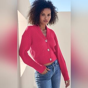 VENUS Cropped Vibrant Pink Ribbed Cardigan With Jeweled Buttons